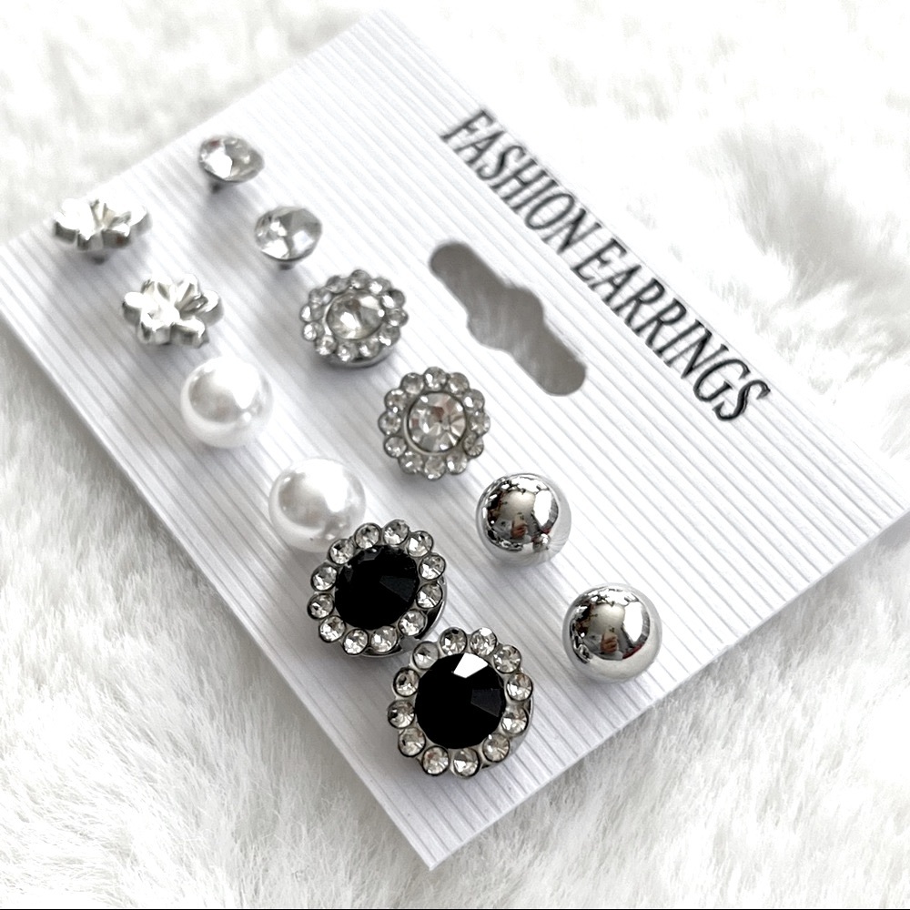 💎2xHP💎 Earrings 6 Pairs of Variety Stud. Faux Pearl, Silver, Rhinestones NEW